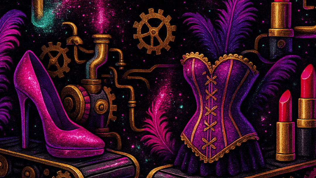 Pink High Heel, lila Korsett mit goldenen Details, rote Lippenstifte, Zahnräder und Rohre auf einem dunklen, glitzernden Hintergrund.
